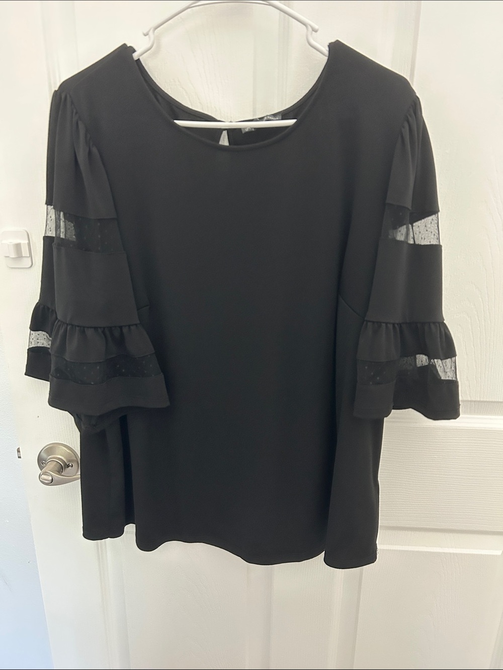 Adrianna Papell Black Ruffle Sleeve Blouse with Sheer Insets